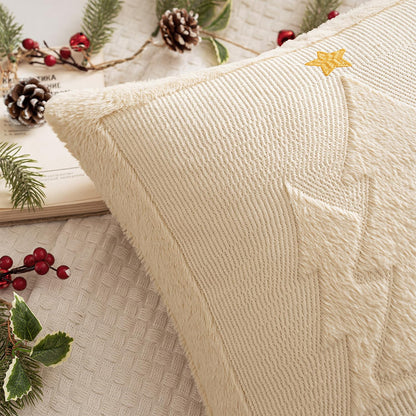 MIULEE Christmas Trees Pillow Covers Set of 2 Decorative Soft Throw Pillows Plush Faux Fur Wool Embroidered Couch Cushion for Holiday Winter Home Decor Chair Sofa Bedroom Living Room,Beige 18x18inch