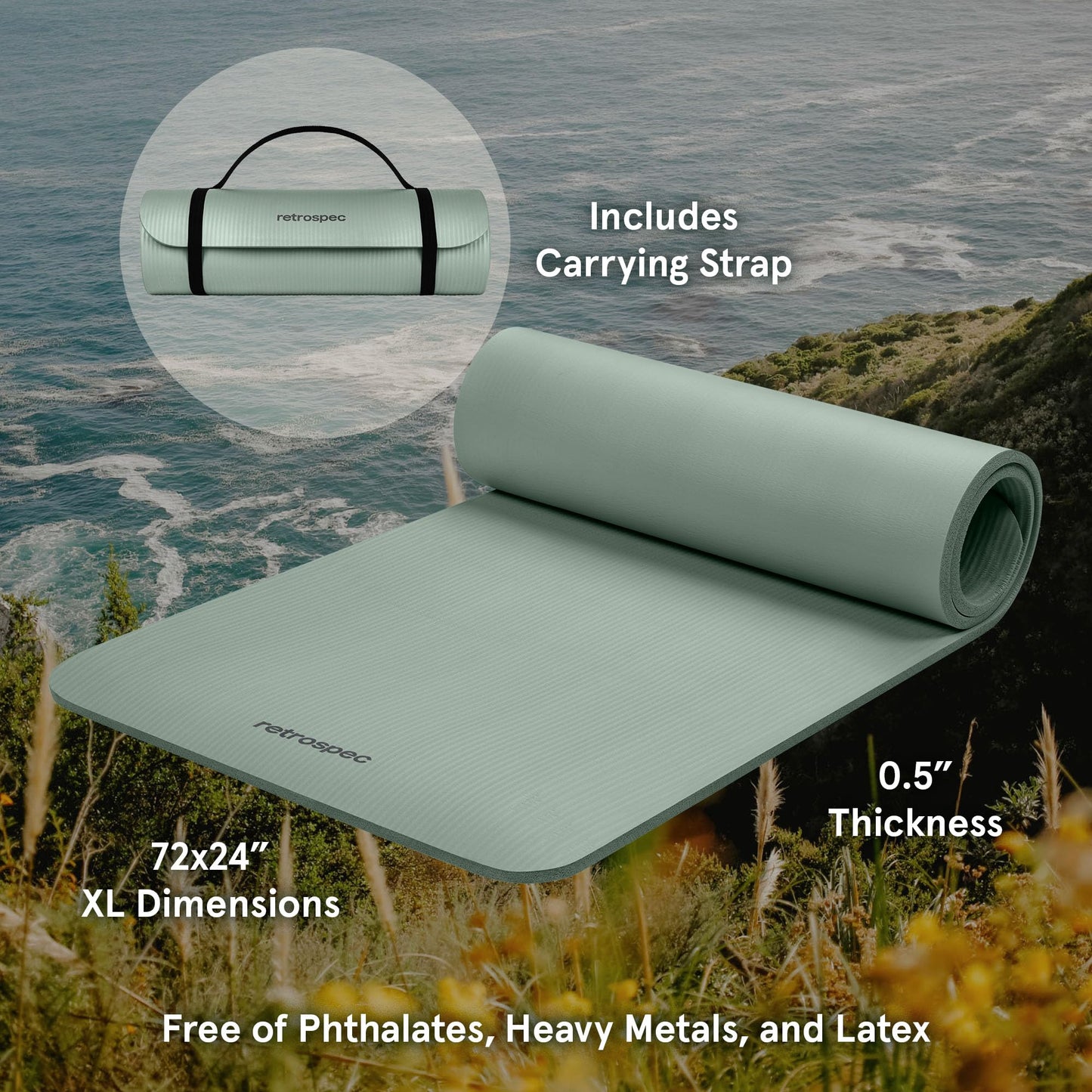Retrospec Solana Yoga Mat 1/2" Thick w/Nylon Strap for Men & Women - Non Slip Exercise Mat for Yoga, Pilates, Stretching, Floor & Fitness Workouts