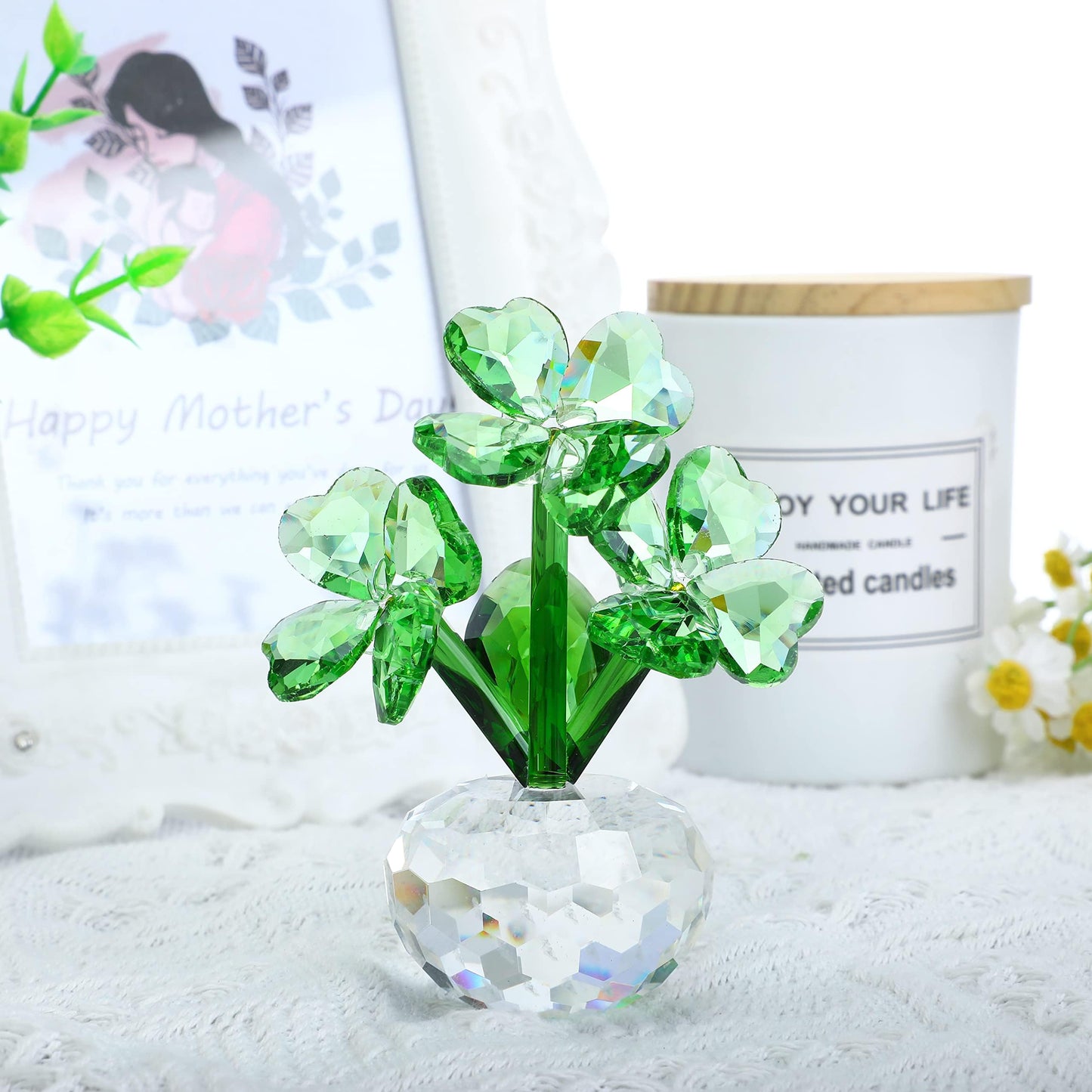 QFkris Crystal Flower Dreams Four-Leaf Clover Figurine Collectibles, 3.7" Glass Flower Statues for Home Decor Centerpiece, Gift for Mothers Day, Thanksgiving, St. Patrick's Day