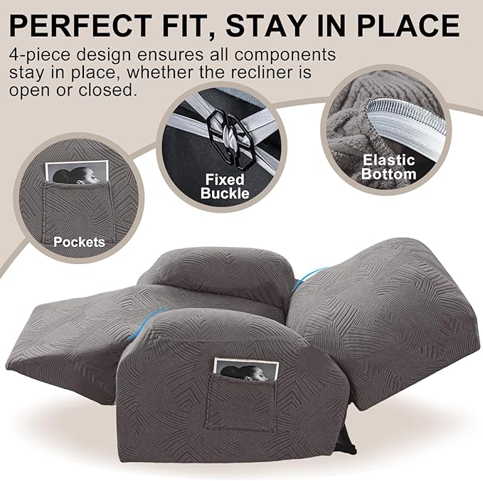 Oversized Recliner Chair Covers, 4-Piece Stretch Geometric Strokes Jacquard