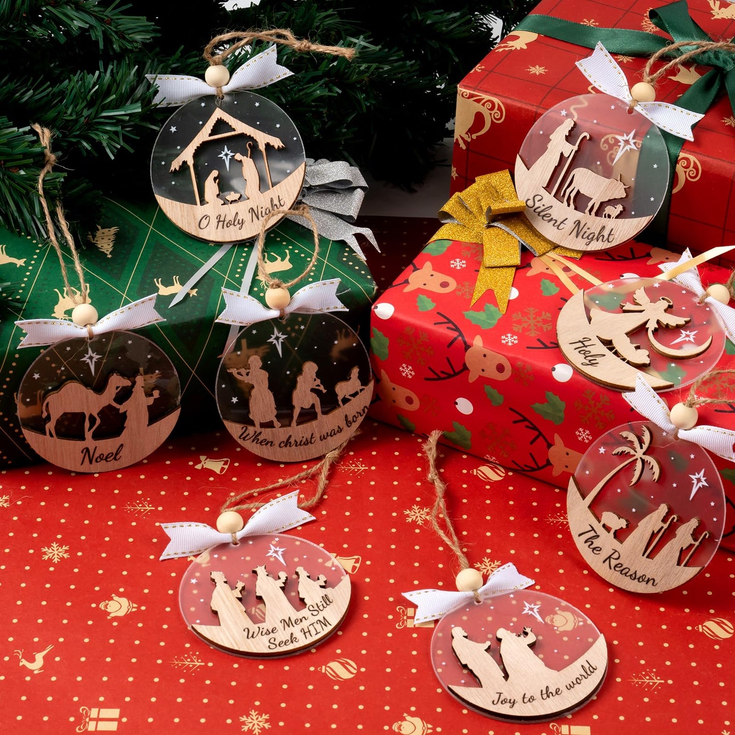 GuassLee 16pcs Nativity Christmas Ornaments - 3D Wooden Acrylic Cut File Nativity Scene Christmas Crafts Ornaments for Kids Tree Indoor Decorations