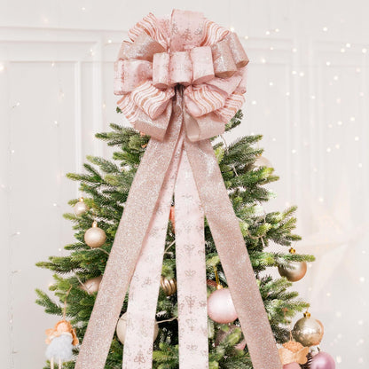 Christmas Tree Topper, 32x12 inch Large Toppers Single Sided Bow with Glitter Satin Mesh Streamer, Rose Gold Christmas Tree Topper for Christmas Home Decoration (Rose Gold)