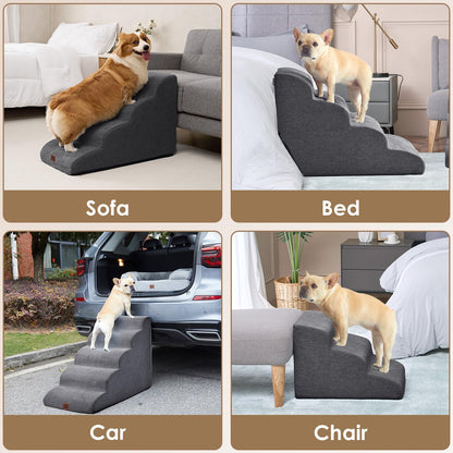 EHEYCIGA Curved Dog Steps for Bed, 3-Step Dog Stairs for Sofa, High Density Foam Pet Steps for Small Dogs and Cats, Pet Stairs for Couch, Non-Slip Dog Ramp with Washable Cover, 40x57x40cm, Dark Gray