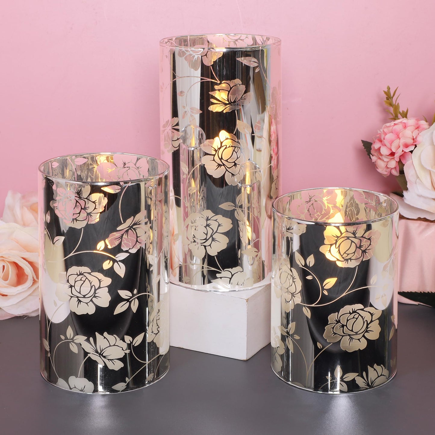 Floral Glass Flameless Candles Rose Romantic Battery Operated Candles with Remote Flickering LED Silver Real Wax Pillar Candle for Valentine's Day Wedding Party Home Christmas Decor, Set of 3