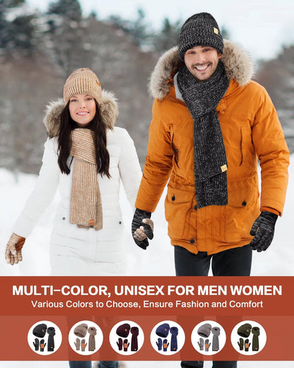 Winter Hat Gloves Scarf Set for Men Women, Mens Beanie with Fleece Lined Long Thick Scarf Touchscreen Gloves for Cold Weather, 3 in 1 Warm Gift Set(A-01)