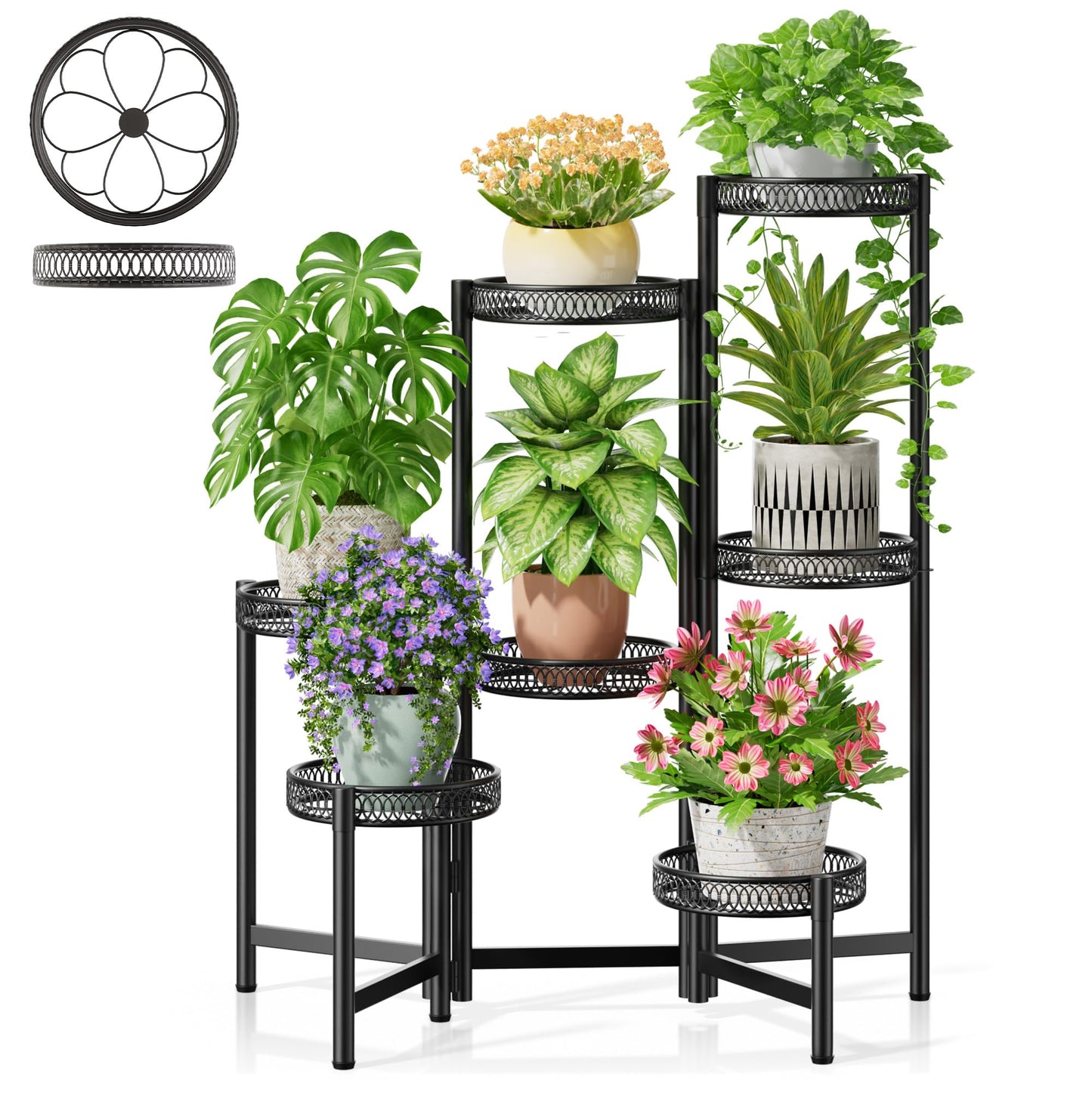 NQW Plant Stand Indoor Outdoor, 7 Tier Large Plant Stand with 7.9-Inch Wide Drainage Tray, Tiered Corner Metal Iron Flower Display Holder Shelf, Folding Tall Rack for Patio Balcony Porch - BlackFlower