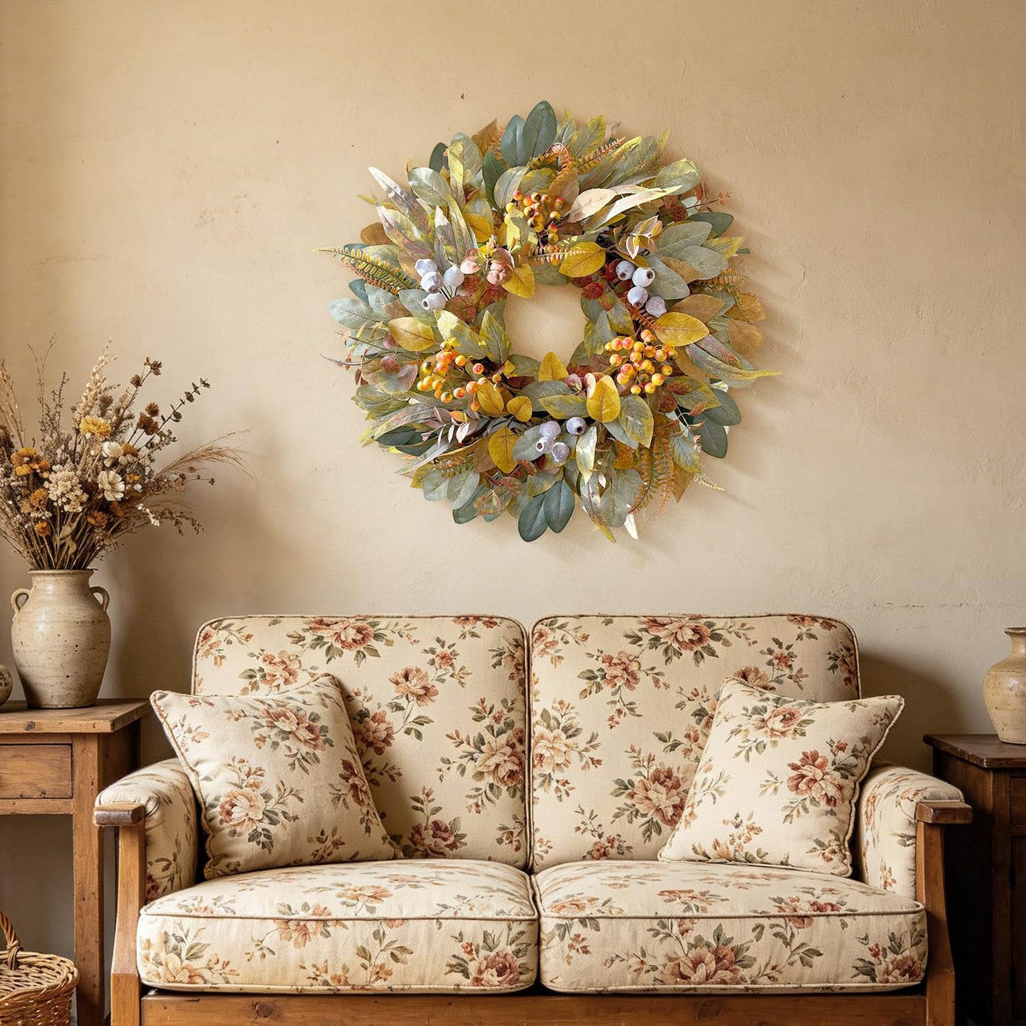 WANNA-CUL 22 Inch Eucalyptus Fall Front Door Wreath Harvest Farmhouse Decor