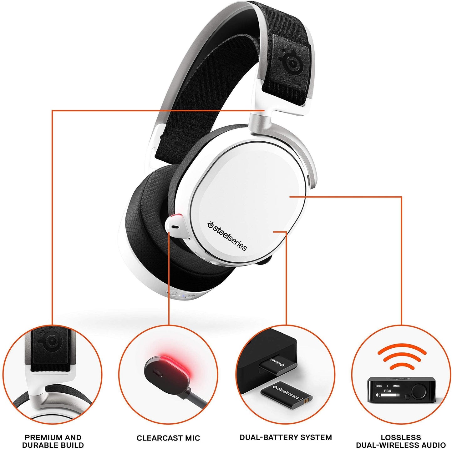 SteelSeries Arctis Pro Wireless - Gaming Headset - Hi-Res Speaker Drivers - Dual Wireless (2.4G & Bluetooth) - Dual Battery System - White
