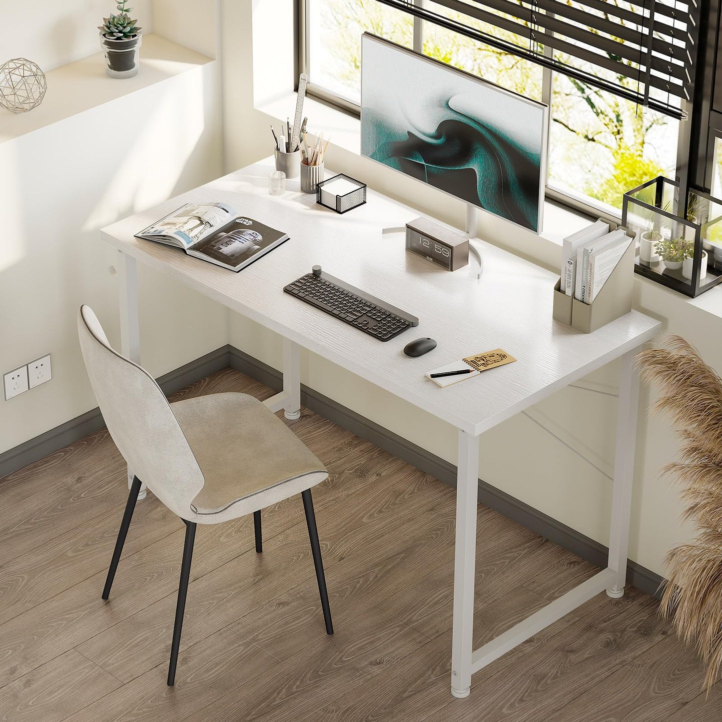 ODK 100×48 cm Desk, Small Computer Desk for Home Office, Study Office Table with Headphone Hooks for Small Space, Easy Assembly, White