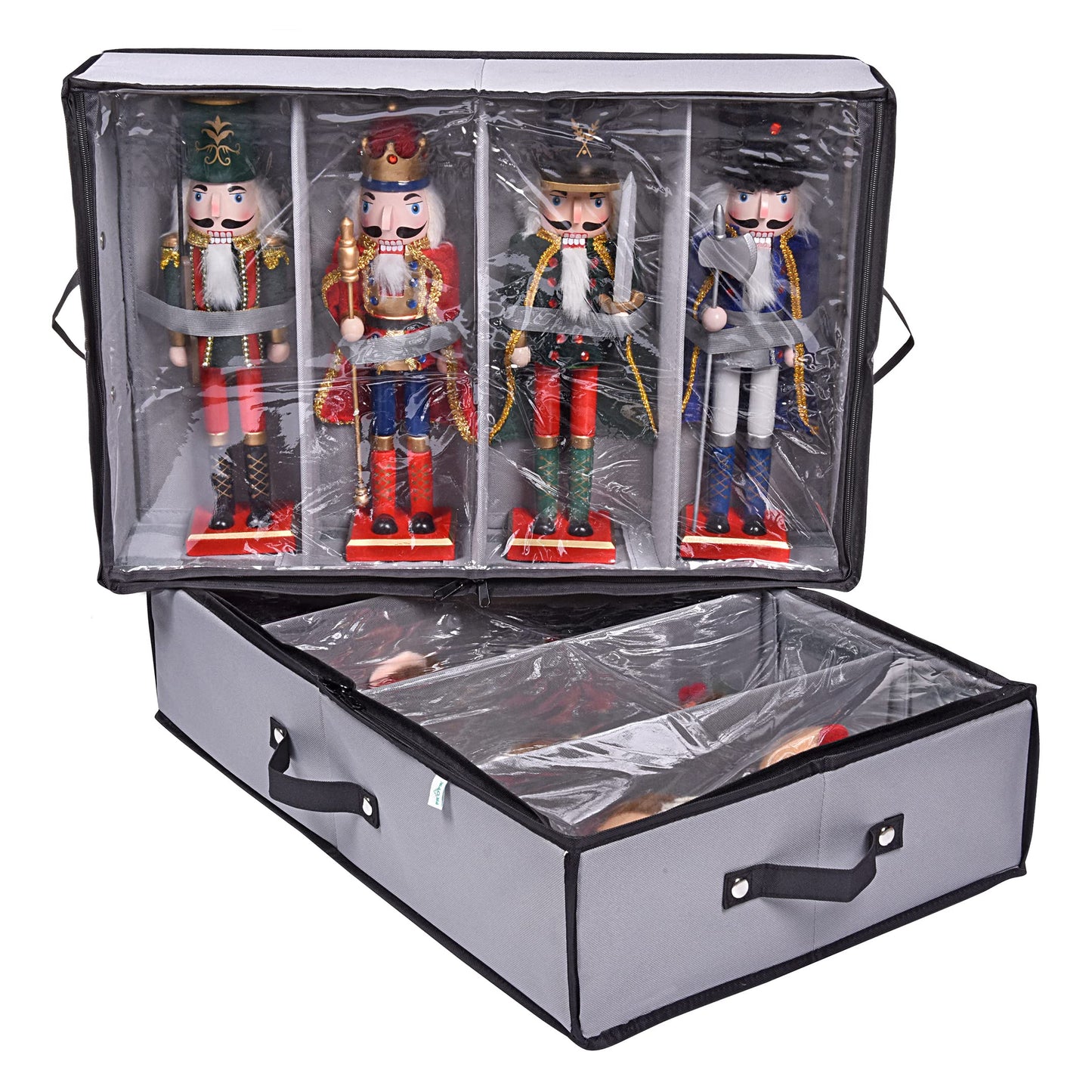 ProPik 2 Pack Christmas Figures Storage Box | Each Holds 4 Holiday Figurines up to 16” | Adjustable Nutcracker Decor Ornament Storage Container | Xmas Decorations Accessories Boxes (Gray)