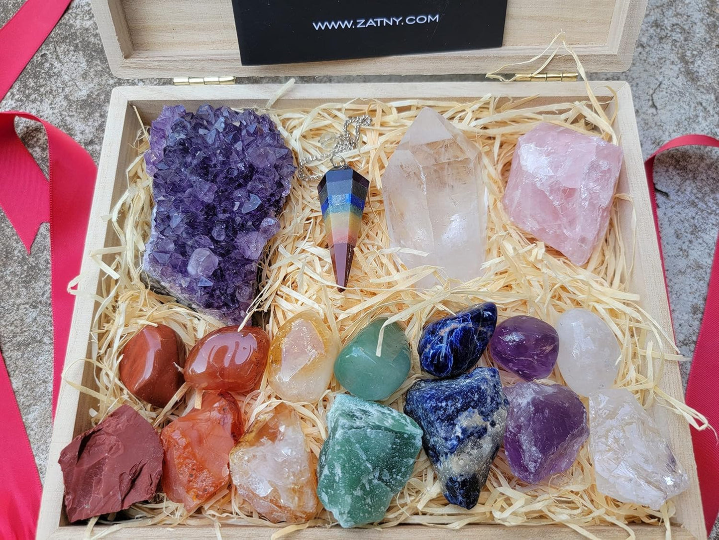 Crystals and Healing Stones Premium Kit Wooden Box - Chakra Stones Healing Crystals Set, Rose Quartz, Amethyst Cluster, Quartz Points, Chakra Pendulum (Deluxe Chakra Collection)