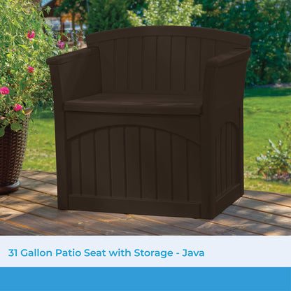 Suncast 31 Gallon Outdoor Backyard Garden Patio Seat Storage and Bench Chair with Arm Rest, Java