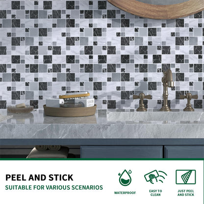 10-Sheet Peel and Stick Backsplash for Kitchen, 10” x 10” Self Adhesive Marble Gray Wall Tile Waterproof Removable Stick on Backsplash for Kitchen Bathroom Fireplace, Grey Marble