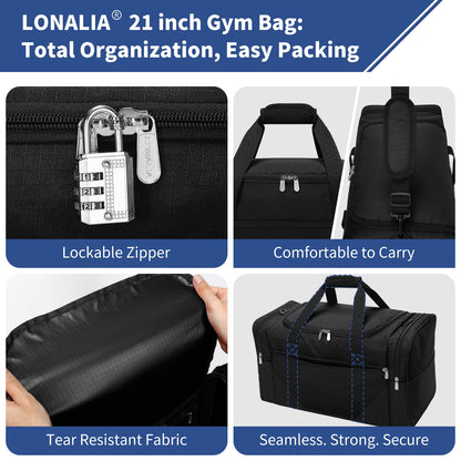 LONALIA 45L Sport Duffle Bag for Men - 21 inch Duffle Bag with Shoe Pouch and Wet Pocket for Travel, Workout, Fitness, Training (Black)