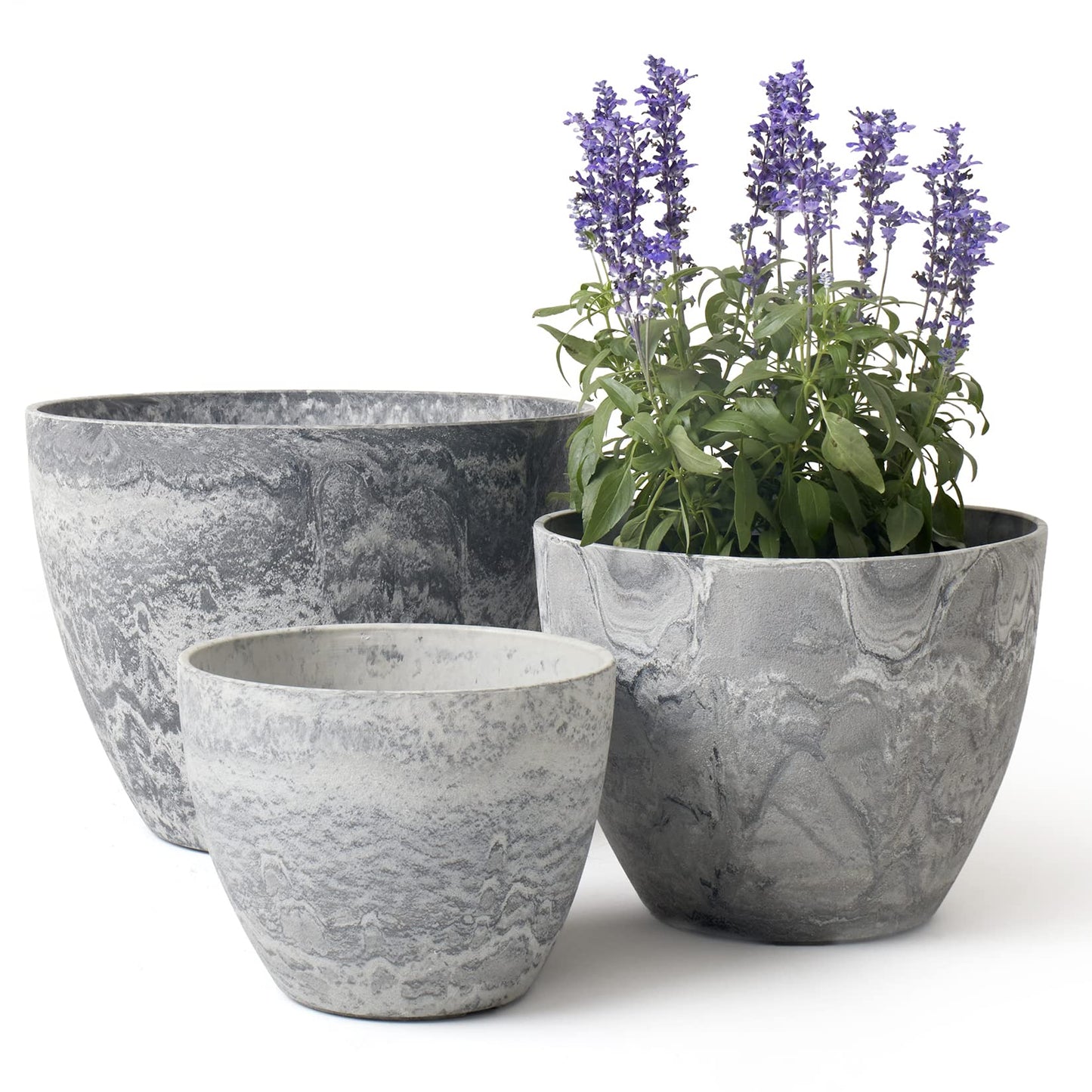 LA JOLIE MUSE 14.2/11.3/8.6 Inch Round Planter,Indoor/Outdoor Large Planters Set of 3,Grey Plant Container with Drain Holes,Tree Flower Plant Pots for Patio and Deck
