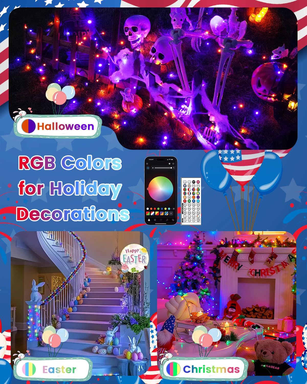 200LED Smart 4th of July String Lights | 82FT App Controlled Red White and Blue American Flag Lights, Waterproof Patriotic RGB Color Changing String Lights with Remote & Timer Outdoor for Memory Day