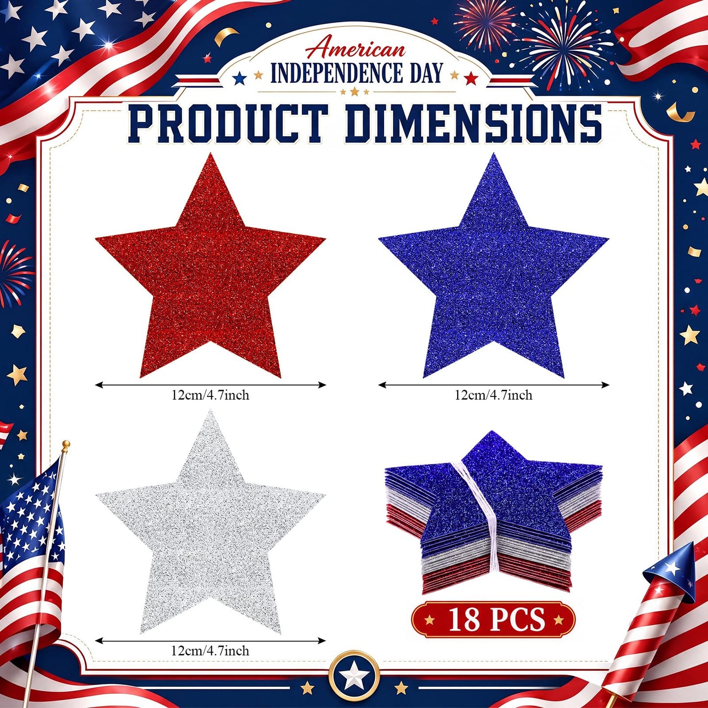 Novabright 18 Pcs 250th Anniversary Patriotic Star Hanging Decorations 4th of July 3D Glittering Red White and Blue Star Ornaments 4.7"x4.7" for Independence Day Party Indoor Outdoor Ceiling Decor