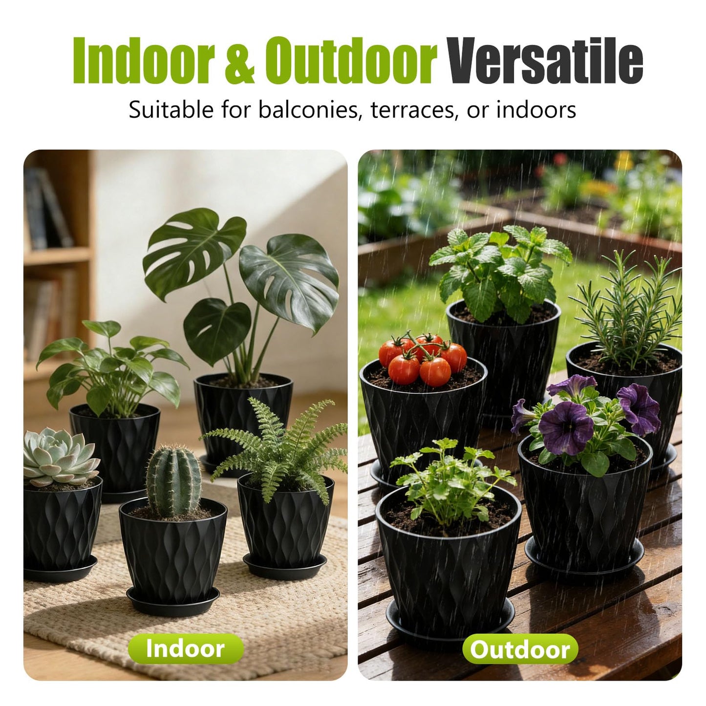SQKH 8 Inch Plastic Plant Pots,Set of 5 Flower Pots,Planters with Drainage Holes & Saucers, Indoor Outdoor Garden Pots for Home Decor (Black)