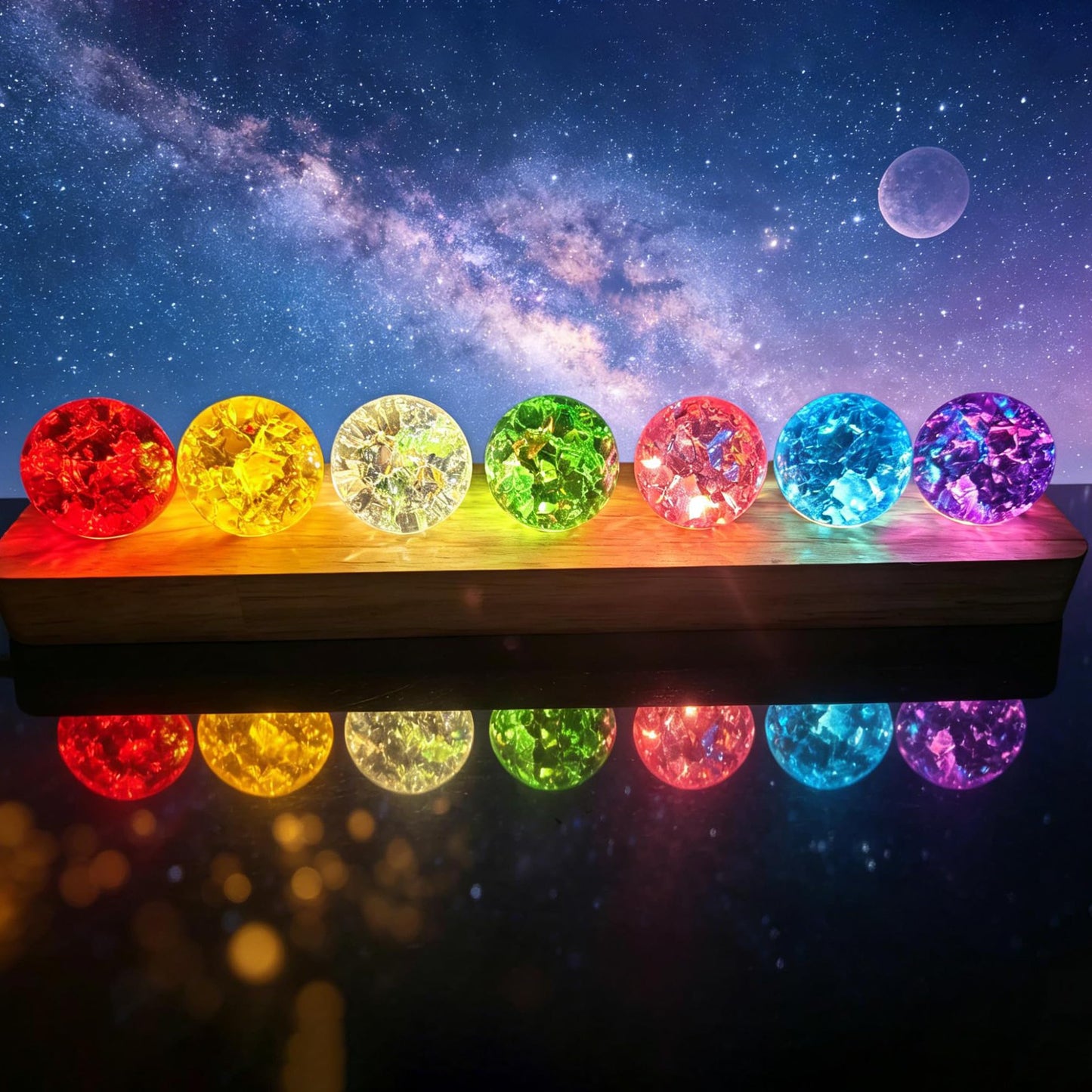40mm 7 Colors Ice Cracked Glass Crystal Chakra Balls with LED Wooden Base
