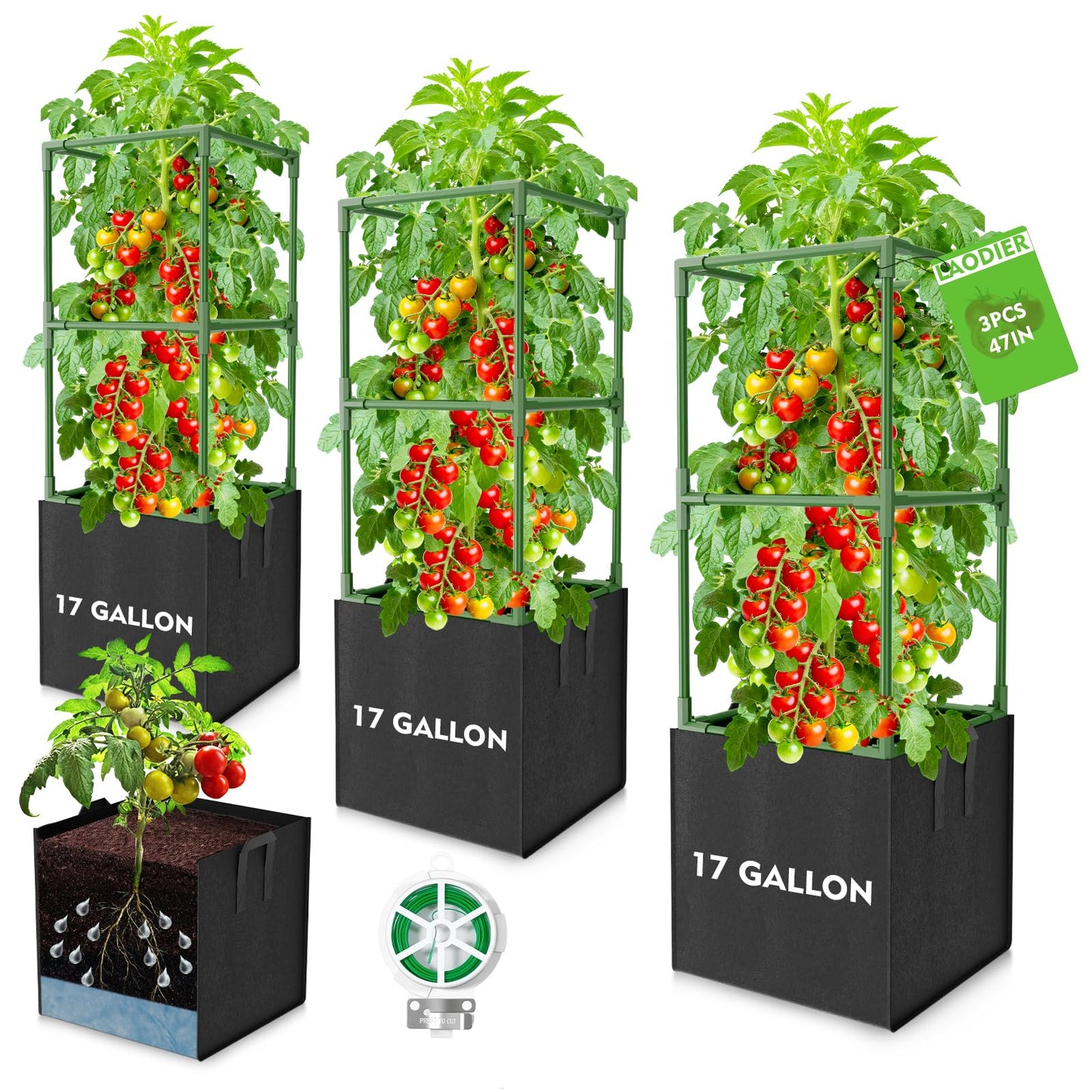 Laodier 3 Pack Tomato Cages, Square Tomato Trellis with 17 Gallon Grow Bags,47IN Tall Heavy Duty Tomato Plant Support Stakes for Garden Climbing Vegetables Flowers Fruits (Extra-Bold, 3 Pack)
