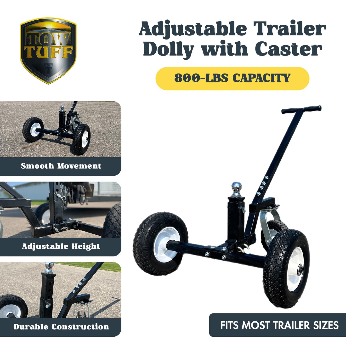 Tow Tuff Trailer Dolly w/ 12" Flat-Free Tires & 8" Swivel Caster Wheel, Fits 1 7/8” Coupler, 800 lb Capacity, Black - Adjustable and Portable Trailer Mover for Campers, Boats, and Utility Trailers