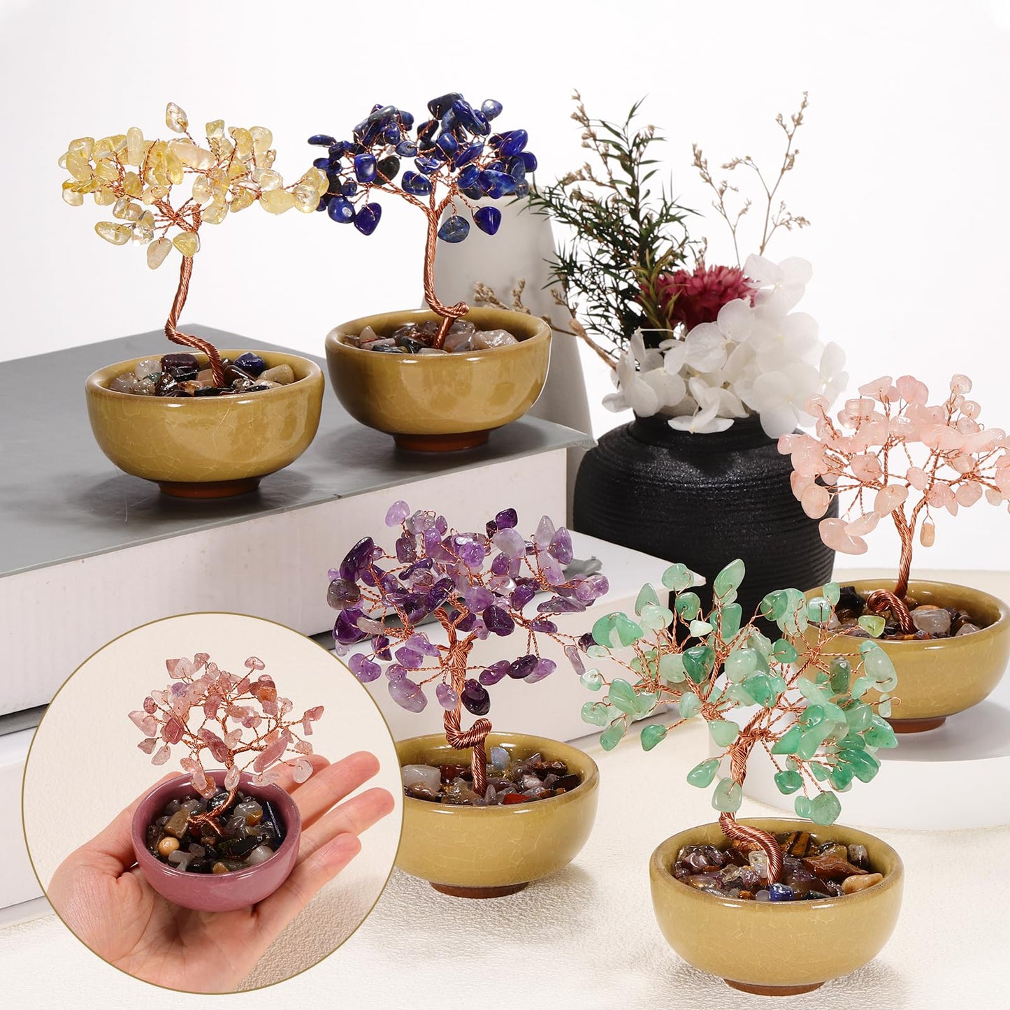MECCANIXITY 7 Chakra Crystal Tree of Life, Natural Amethyst Gemstone Tree Handmade Feng Shui Bonsai with Agate Base for Positive Energy, Good Luck, Home Office Decor (4x2.4Inch Purple)