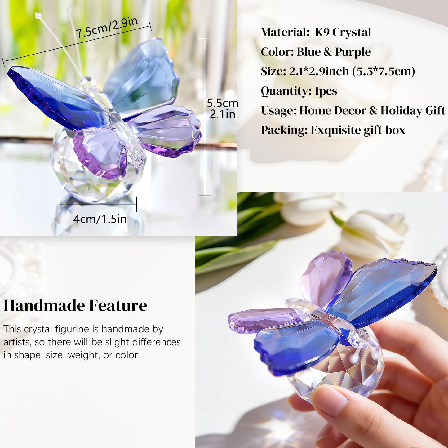 H&D HYALINE & DORA Crystal Cut Butterfly Animal Ornament Decoration for Office Table Home Bedroom