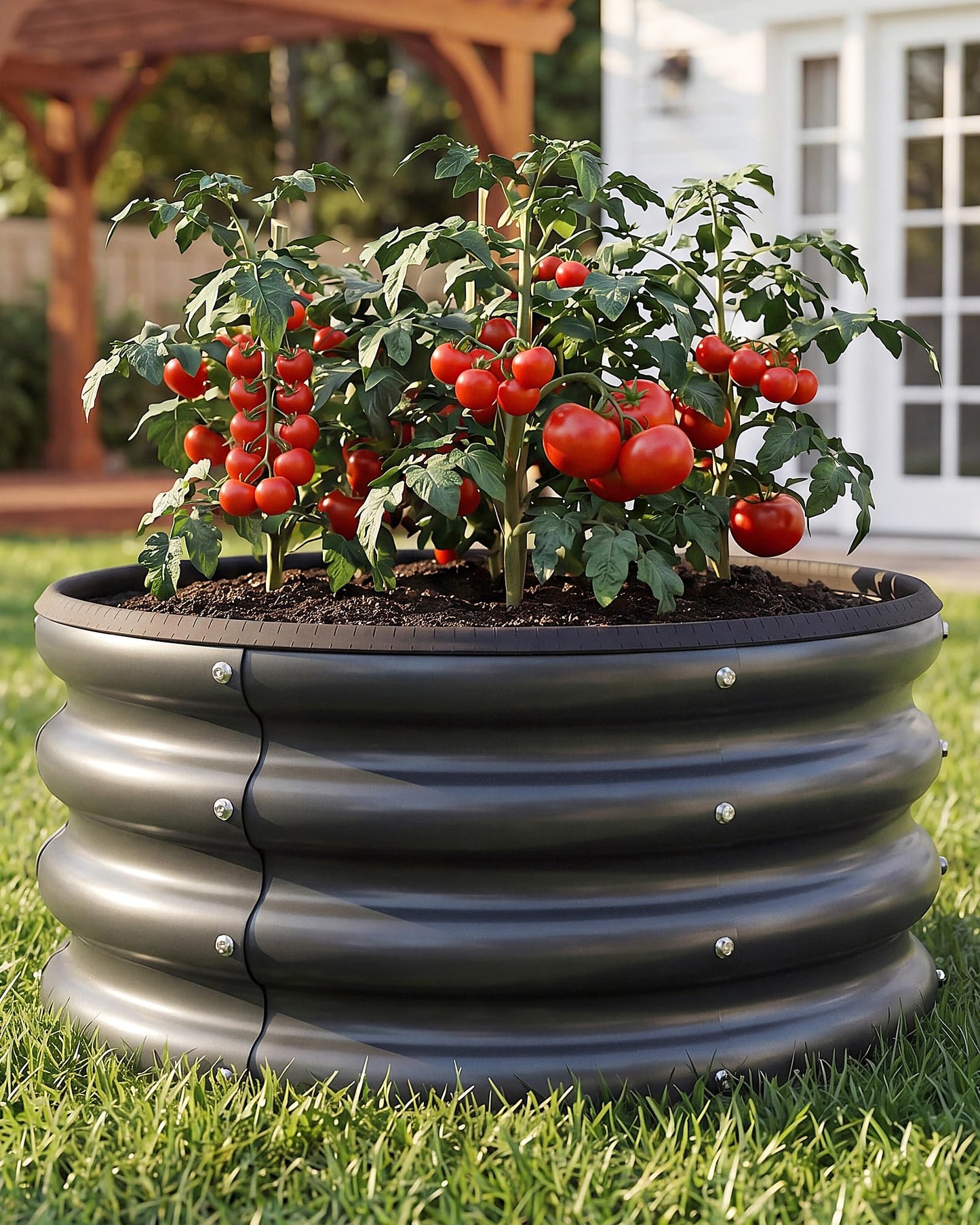 SOCONT 2 x 2 x 1 ft Round Raised Garden Bed, Black 2 Pack 0.6 mm Thick Galvanized Steel Planter Box with Double Layer Paint and Safety Edge Trim for Vegetables Flowers Herbs Outdoor Garden