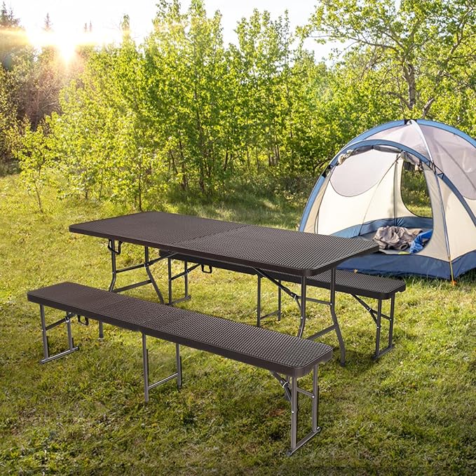 VINGLI Picnic Table Set with 2 Benches, 6 Feet Camping Table Chair Set