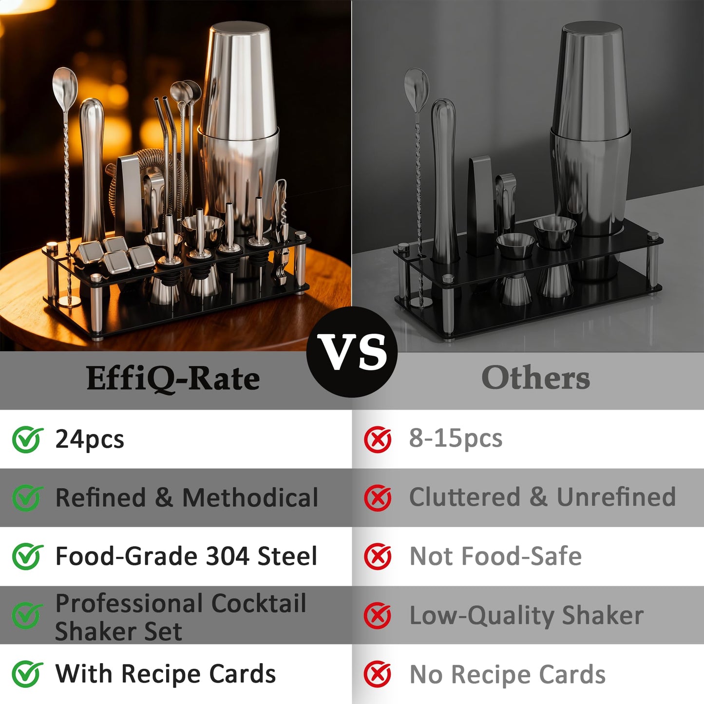 EffiQ-Rate 24 Piece Professional Boston Shaker for Cocktails, Stainless Steel Bar Kits for Bartender with Acrylic Stand, All Essential Bar Tools for Home, Party, Mixing Drinks, Silver
