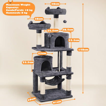 Yaheetech 158cm Multi-level Cat Tree Tower Large Kitten Scratching Posts with Condos/Perches/Hammock Broad-space Kitten Activity Centre, Dark Grey