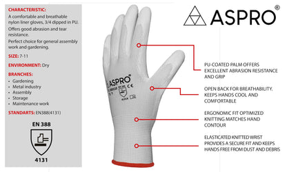 30 Pairs - Size XXL(11) - White Nylon PU coated work gloves for builders, gardeners, etc - By ASPRO (30 pairs, XX-LARGE (size 11))