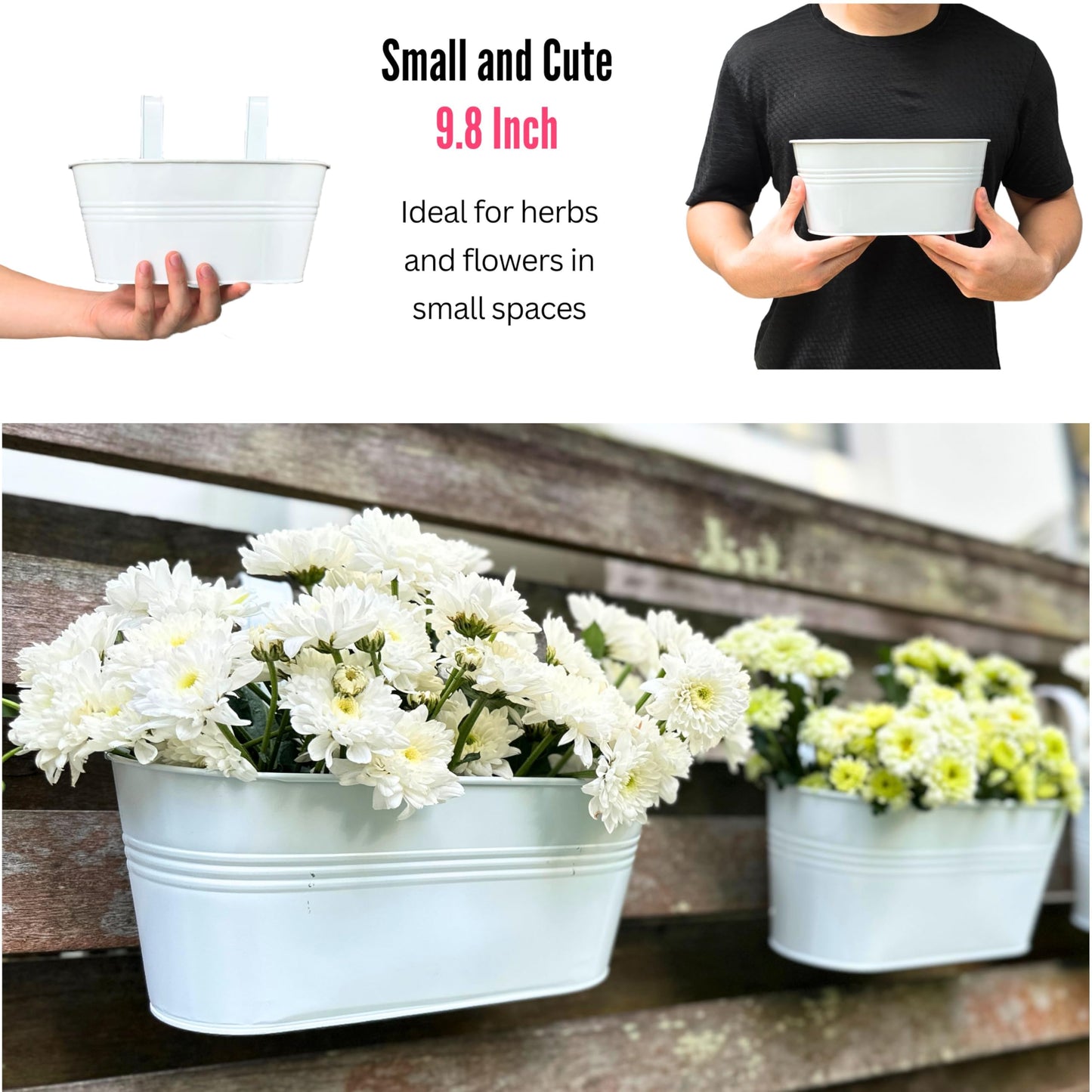 LaLaGreen Outdoor Rail Planter (8 Pack, 9.8 Inch) Small and Cute White Metal Iron Hanging Flower Pots Deck Railings Fence Buckets Countryside Style Wall Mount Window Box Plant Holder Hooks Porch Decor
