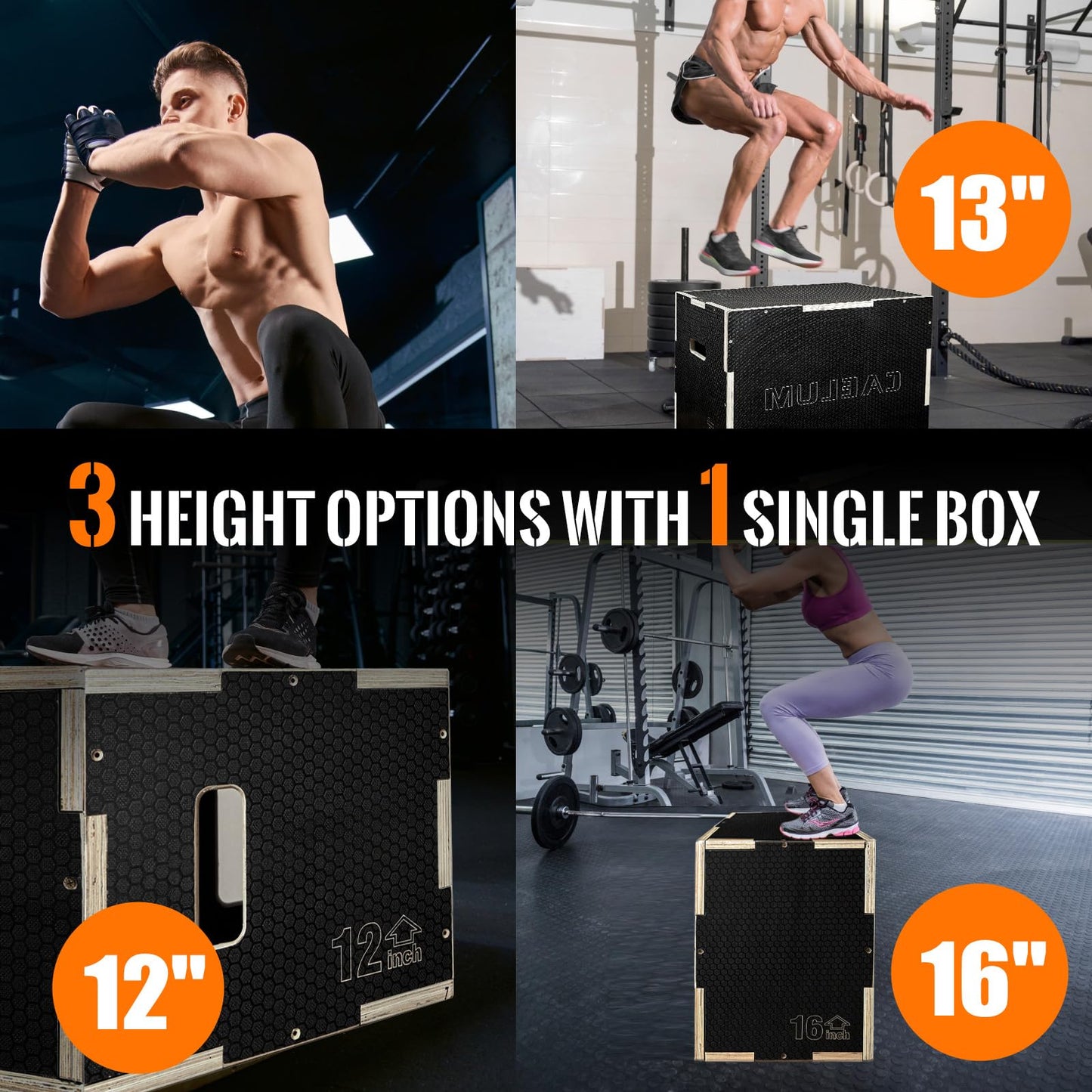 CAELUM 3-in-1 Wooden Plyo Box – Non-Slip Jump Box for Home & Gym, Heavy-Duty 400lbs Plyometric Box for Step-Ups, Squats, Strength & Agility Training 16" x 13" x 12"