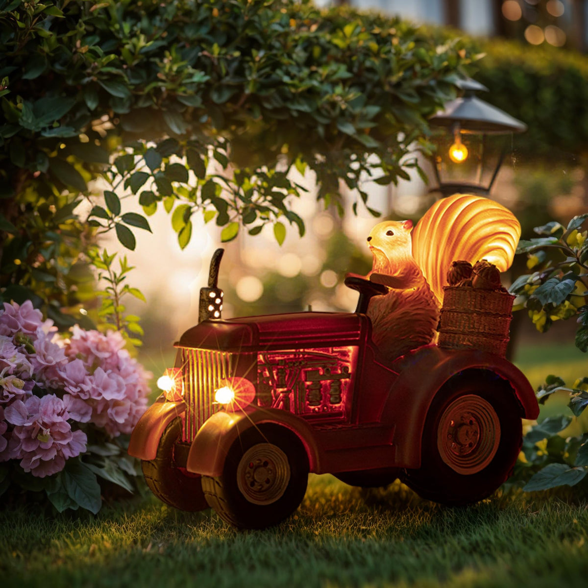 YUETJIN Solar Lighted Squirrel's Farm Tractor Statue, Outdoor Décor for Lawn Garden, Yard, Flower-Pool, Harvest Decoration, Gfit for Father