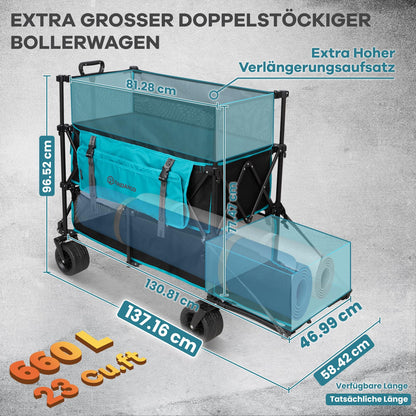 FUNDANGO Double Decker Wagon with High Extender & Tailgate, 660L XXL Foldable Collapsible Double Wagons, Heavy Duty Grocery Cart with All-Terrain Wheels for Camping, Baseball/Softball Gear, Home