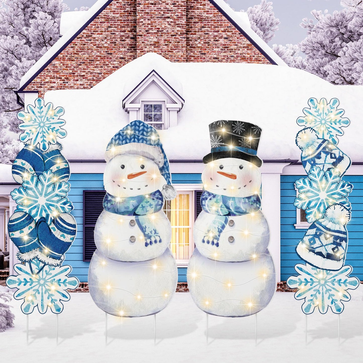 Bencailor 4 Pcs Winter Outdoor Decorations Snowman Snowflake Yard Signs with Stakes Christmas Garden Signs with LED Light Xmas Holiday Large Yard Decor for Home Lawn Party Favor Supplies(Winter Style)