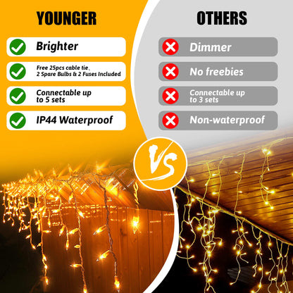 Icicle Lights Outdoor,Oopswow 23FT 200 Connectable Icicle Christmas Lights,Warm White Plug in Curtain String Lights for Indoor Wedding Party Holiday Xmas Yard Patio Window Decorations1