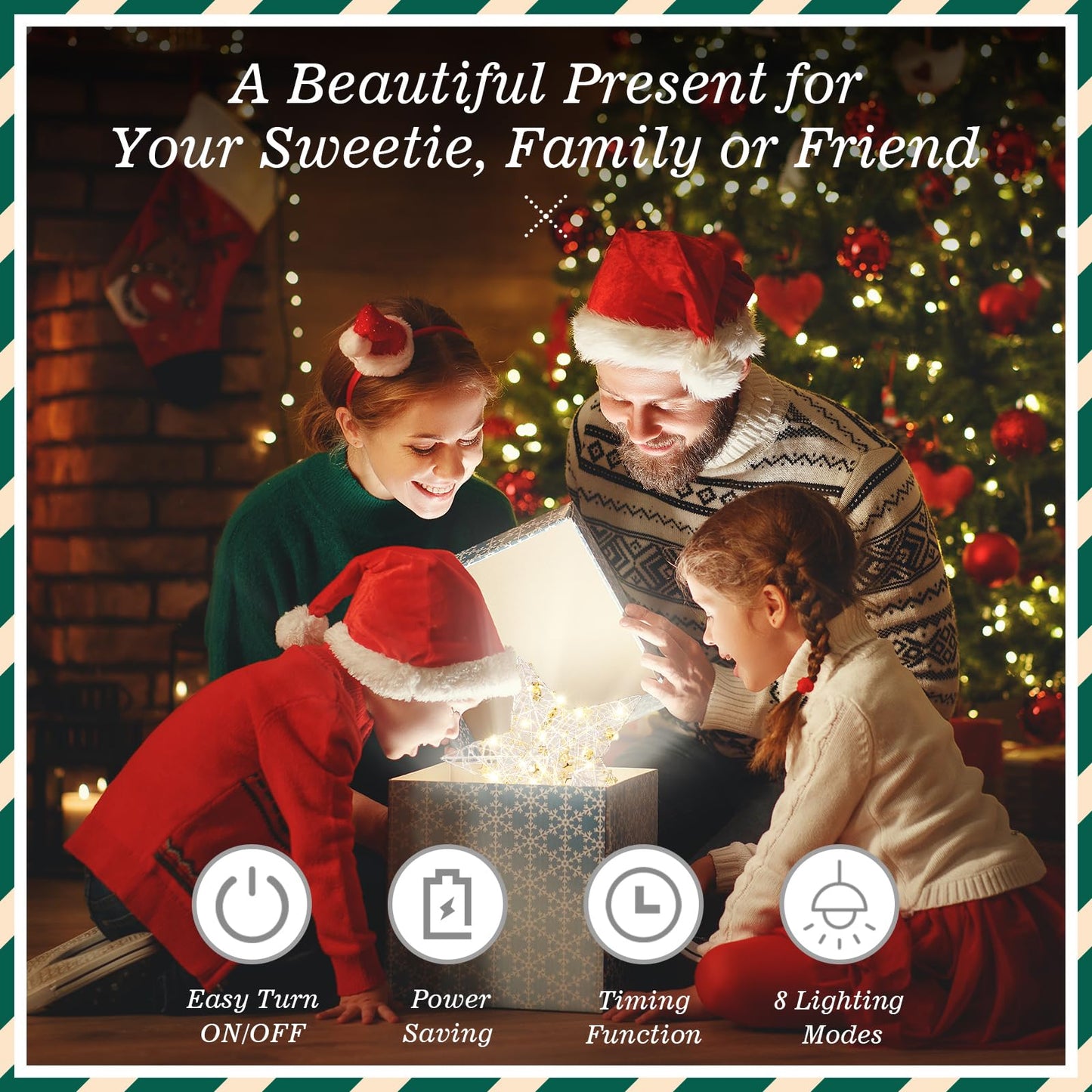Roylvan Christmas Star Tree Topper with 8 Lighting Modes, USB Lighted Tree Topper with 20 LED Lights, Shiny Treetop Christmas Tree Decoration for Indoor Outdoor Holiday Home Ornament Gift, 9.8 Inch(H)