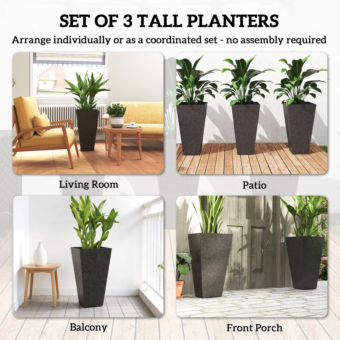 Outsunny 28 Inch Tall Planters for Outdoor Plants, Set of 3 Plastic Flower Pots with Marble Finish and Drainage Holes, Stackable Tapered Large Planters for Indoor Plants, Front Porch Decor, Brown