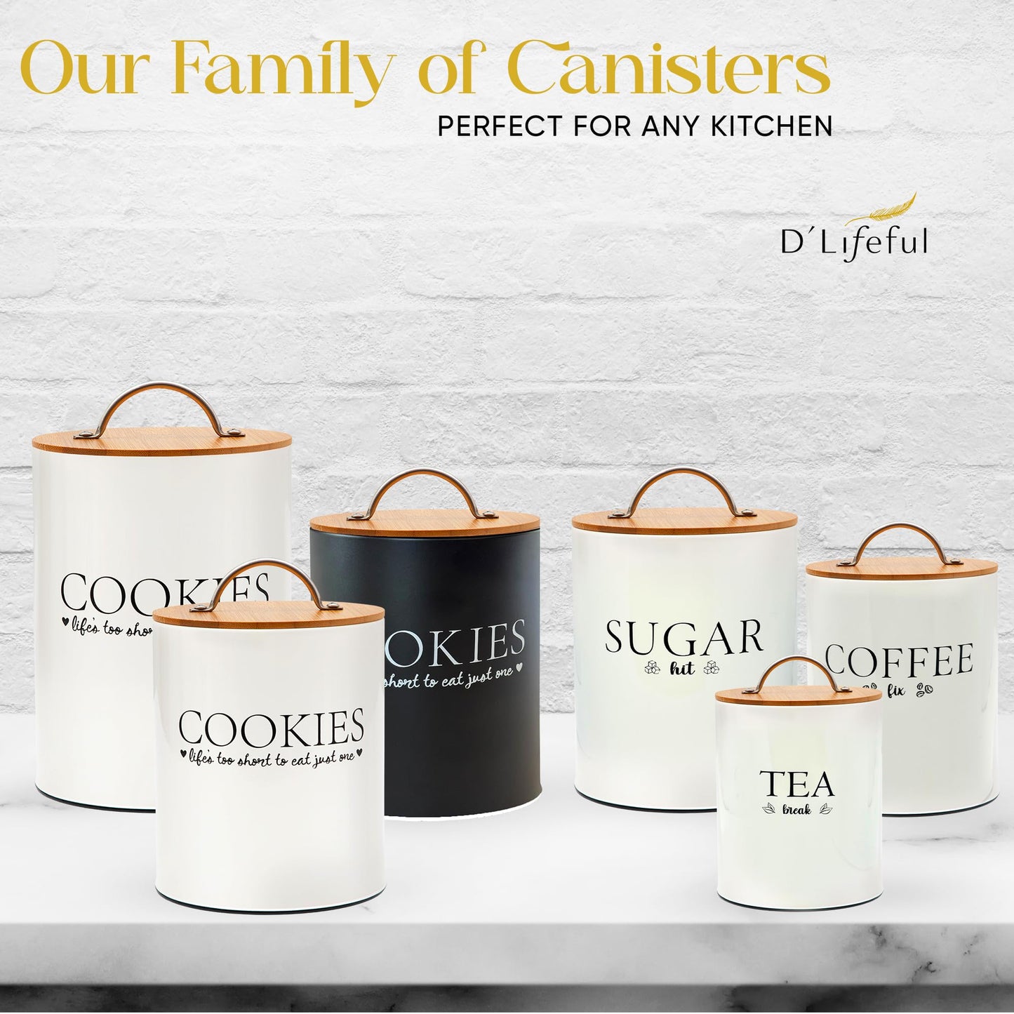 D'Lifeful Tea Coffee Sugar Canister Set - 3pc Airtight Canister Sets for Kitchen Counter - Farmhouse Containers for the Kitchen - Decorative Countertop storage with Airtight Lid for Freshness - White