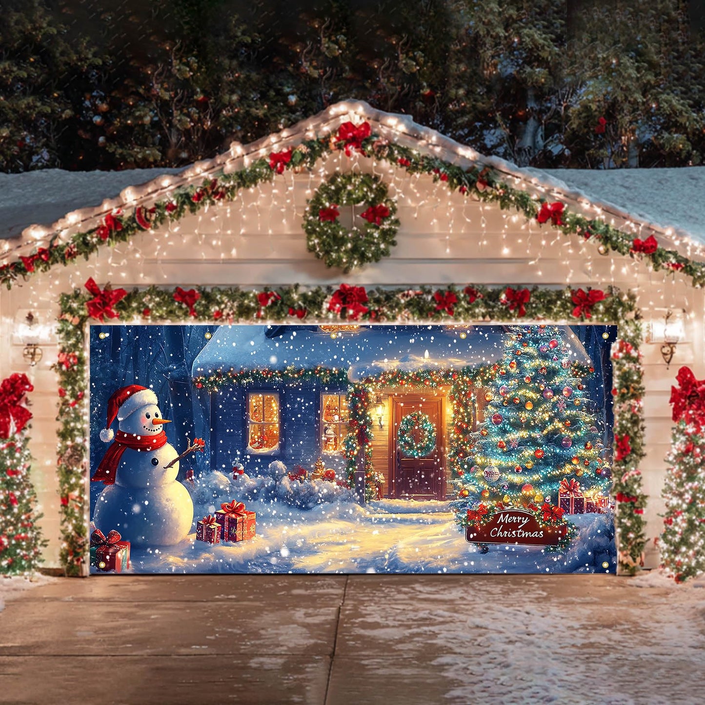 HOMETITUTE Christmas Door Banner 13x6ft Snowy Winter Scene Snowman Christmas Tree Gift Boxes Holiday Porch Decoration Seasonal Merry Christmas Front Door Cover Indoor Outdoor