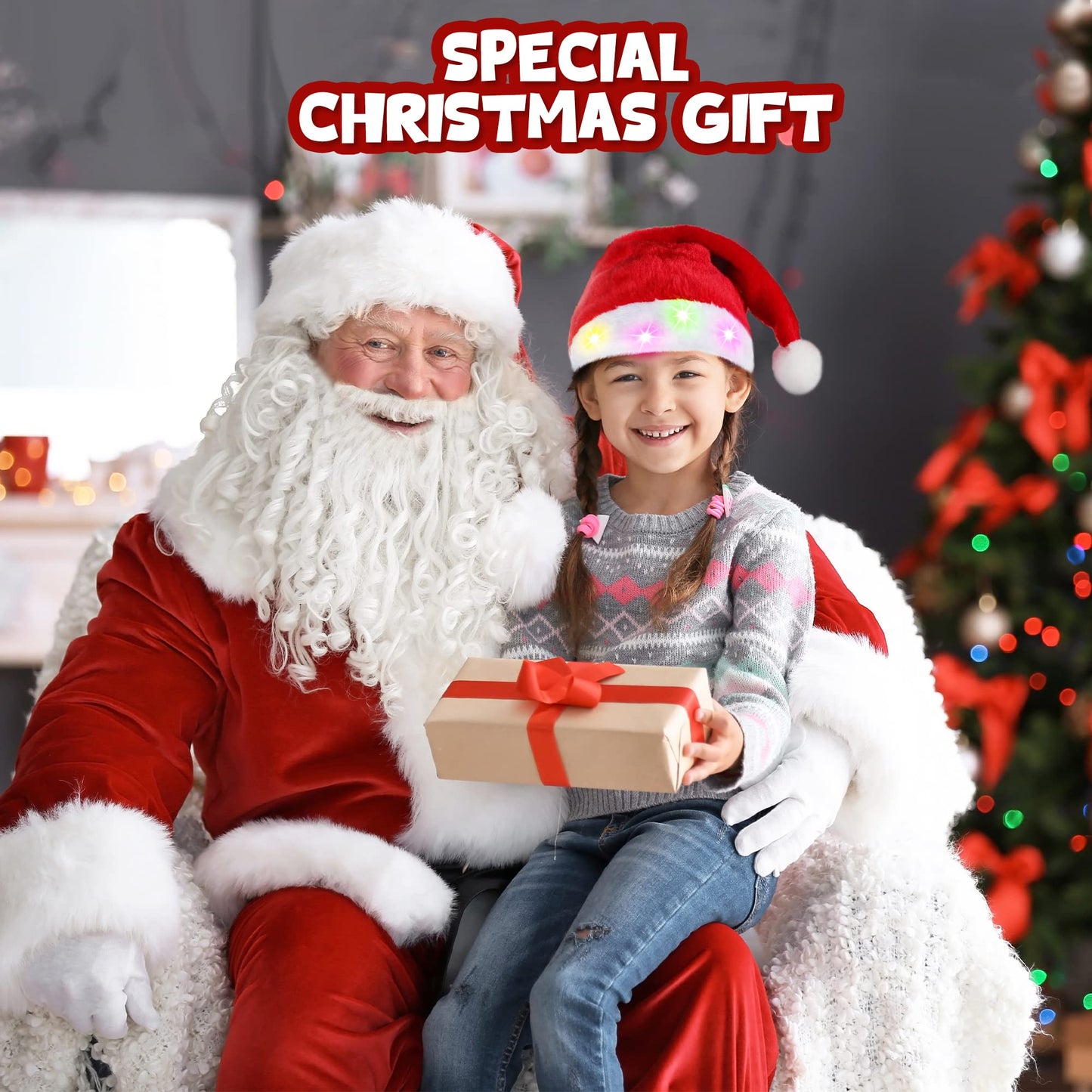 tgosomt Santa Hat, Light up Christmas Hats, Santa Hat with LED Lights for Adults & kids Christmas Gifts