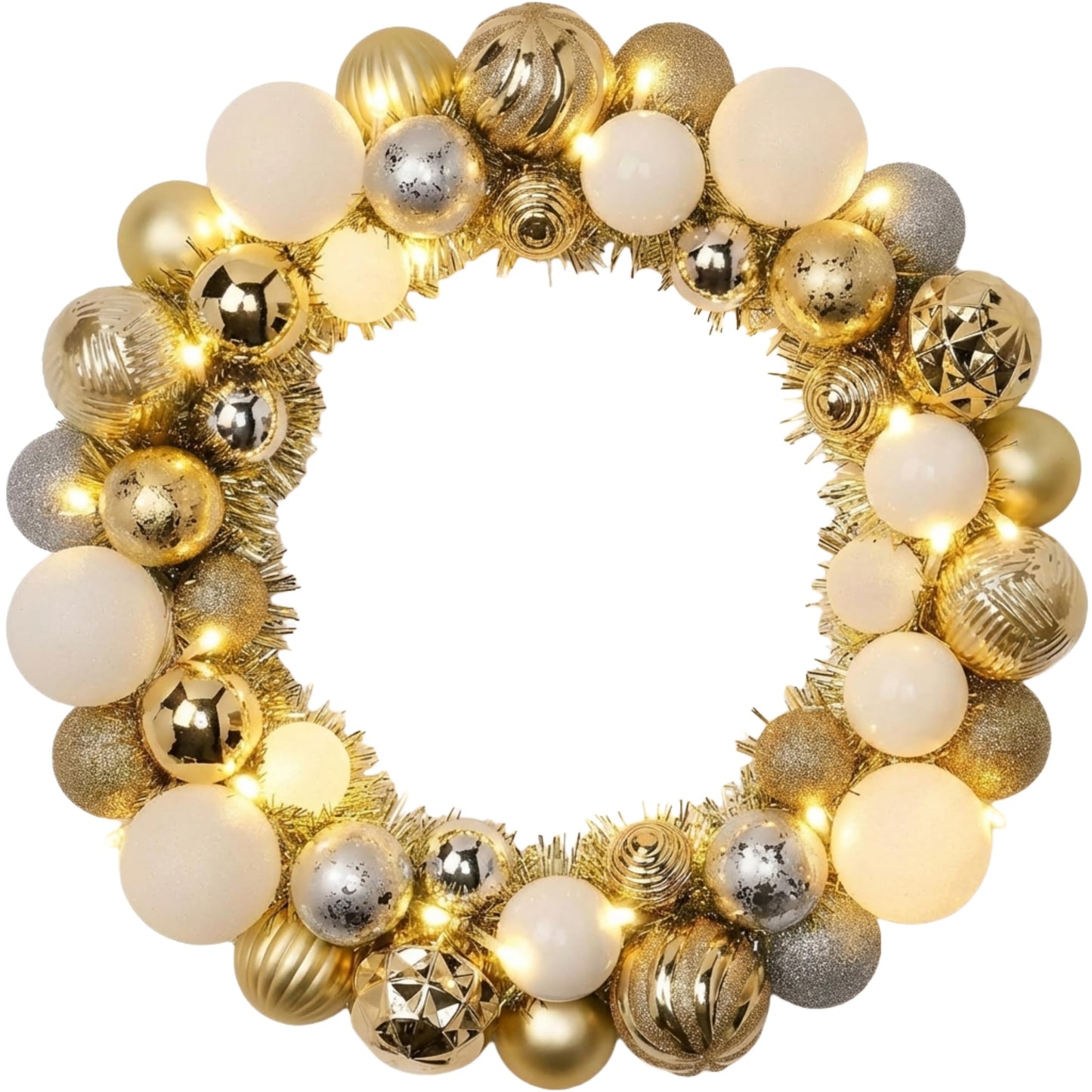 Valery Madelyn Pre-Lit Christmas Ball Wreath for Front Door with Lights, 13'' Lighted Battery Operates Christmas Door Wreath with White Gold Xmas Balls for Home Fireplace Window Table Indoor Decor