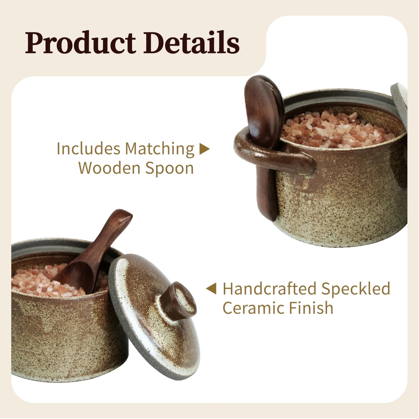 seicasaya Handcrafted Speckled Ceramic Salt Cellar with Wooden Spoon, Rustic Vintage Spice Jar, Dishwasher Safe, 8.45 fl oz (Peckled Ceramic set of 2)
