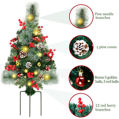 Juegoal 2 Pack 30 Inch Pre-Lit Pathway Christmas Trees, Artificial Christmas Urn Filler with 60 LED Lights, Red Berries, Pine Cones & Balls Ornaments, Battery Operated Holiday Decor for Driveway, Yard