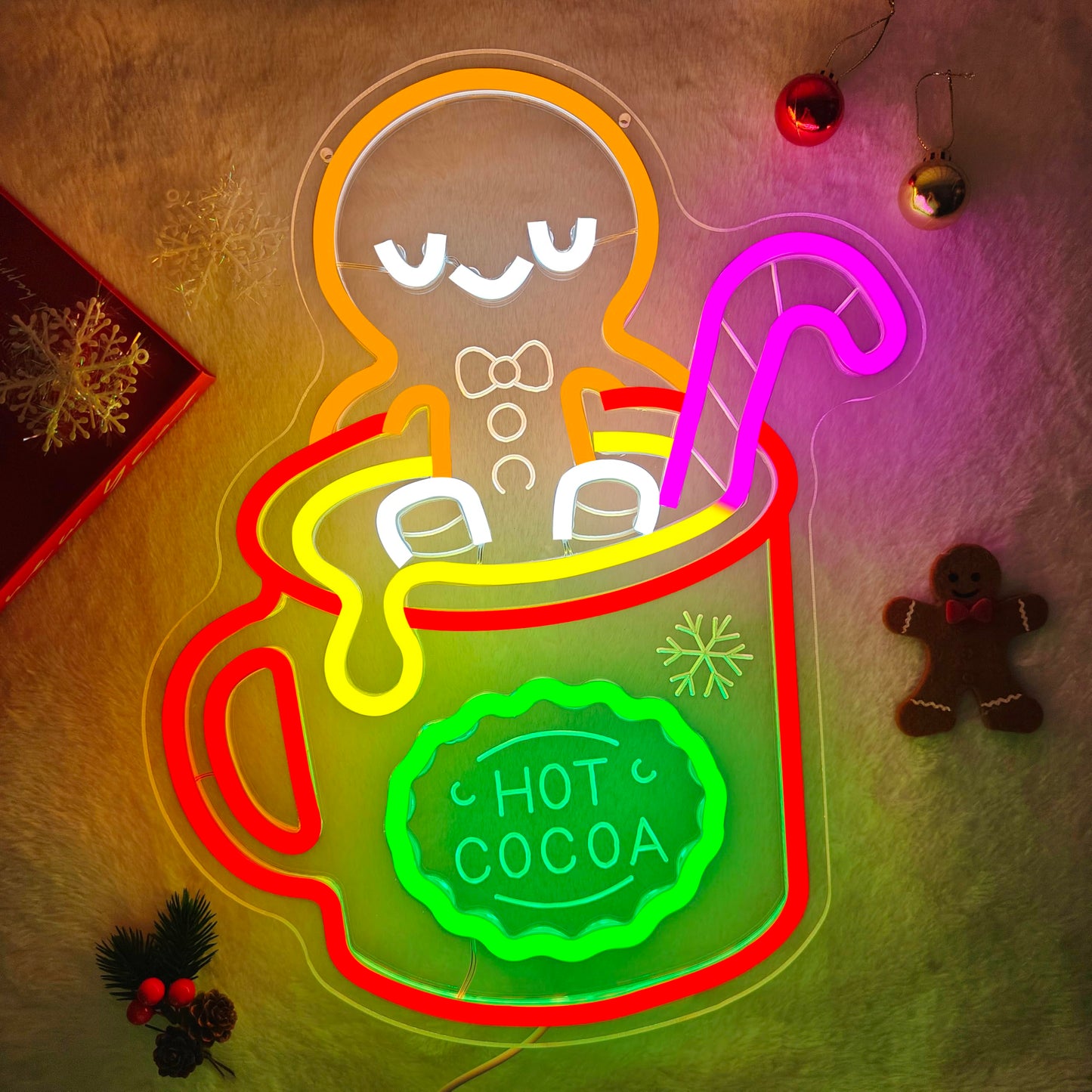 hhuohuona Christmas Gingerbread Man Neon Sign Dimmable Hot Cocoa Christmas Led Sign Gingerbread Hot Cocoa Mug Candy Cane Neon Lights Xmas Holiday Led Wall Decor Gift