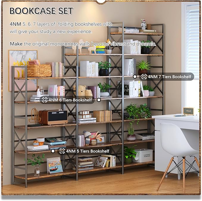 4NM 7 Tiers No Assembly Book Shelves, 72.4" H Folding Bookshelf Bookcase Open