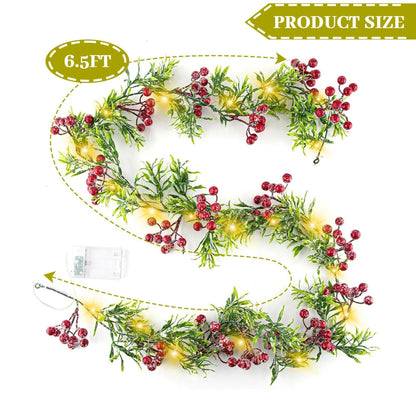 Christmas Garland with Light,Lighted Snowy Red Berries Holly Leaves Garland for Fireplace Mantle Indoor Outdoor Christmas Decoration 6.5FT Pre-lit Battery Operated Xmas String Lights 2 Pack