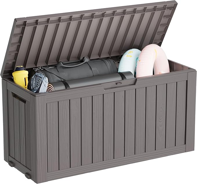 Outdoor Storage Box, Resin Deck Boxes Indoor and outdoor, Waterproof Storage Box Lockable Lid (Grey, 85 Gallon)